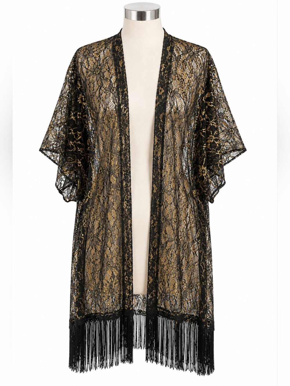 Betsey Johnson Black & Gold Lace Fringe Hem Kimono Cardigan OSFM Whimsigoth Y2K